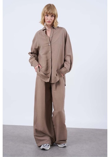 Kadın Keten Gömlek Pantolon Takım Vizon