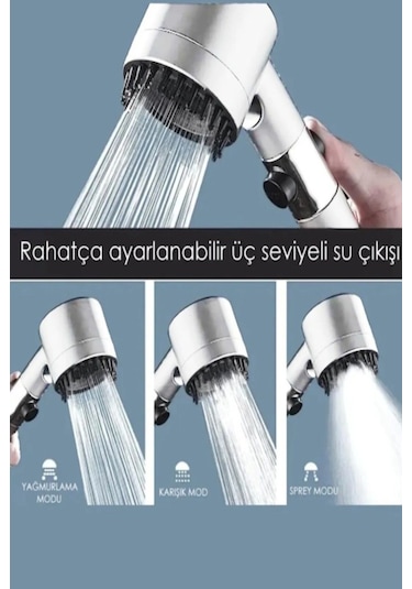 Masajlı Filtreli 3 Kademeli Krom Duş Başlığı Yapışkan Mafsallı Hortumlu Duş Seti Gri