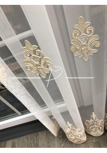 Tül Perde 32122 Nolu Desen Kadife Işleme Tül Perde Çok Renkli