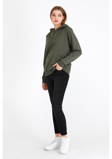 Comeor Kadın Haki Basic Kapüşonlu Regular Fit Rahat Sweatshirt 001