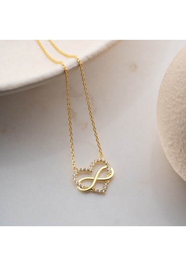 925 Ayar Gümüş Taşlı Sonsuzluk Ve Kalp Kolye Gold