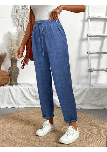 Simala Kadın Yüksek Bel Lastikli Belde Bağcık Detaylı Aerobin Pantolon Mavi