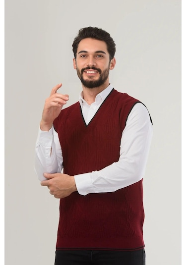 Kamalı Bordo Erkek V Yaka Triko Örgü Tüylenmez Süveter Regular Fit Saç Örgü Desenli Bordo