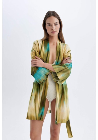 DeFacto Desenli Pamuklu Kimono-Fall in Love D0453AX24SMKH452 Haki