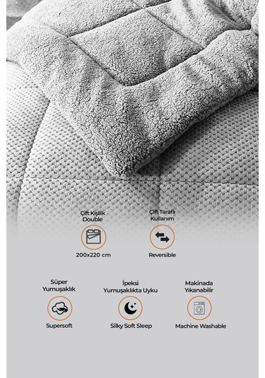 Ultra Yumuşak Çift Taraflı Wellsoft Peluş Yorgan Çift Kişilik Yıkanabilir 200x220 Cm Gri Gri