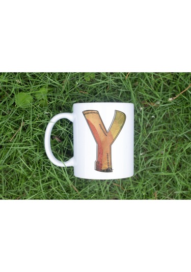 Y Harf Yaprak Renkleri İle Kupa Bardak - Kişiye Özel Alfabe Harfli Bardak - Hediye Beyaz