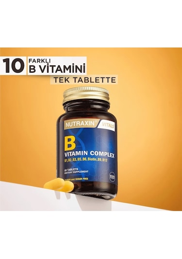 Nutraxin B Complex Vitamin 60 Tablet - B1, B2, B3, B5, B6, B12, Folik Asit, Biotin, Kolin, İnositol