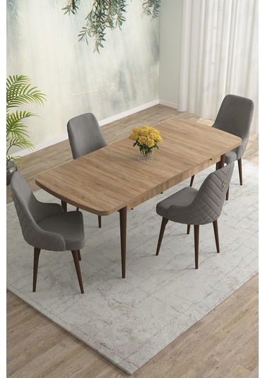 Meri Serisi 80x132 Açılabilir Mdf Meşe Masa Takımı 4 Lacivert Sandalye Kahve Ayak Gri