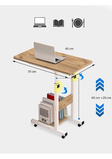 Yükseklik Ayarlı Yatak Sehpası - Atlantik Çam Tekerli Atlantik Çam