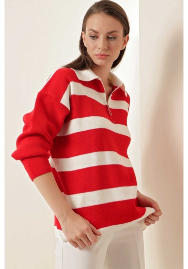 Gabria Fermuarlı Çizgili Kazak Kırmızı