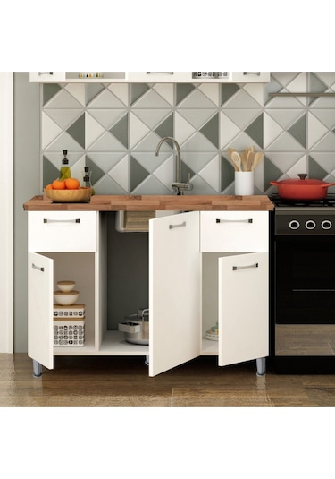 120 Cm Tezgahlı Beyaz Panovit Mini Alt Modül Mutfak Dolabı Beyaz