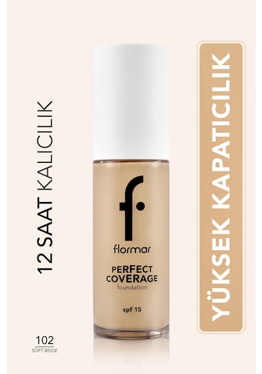 Flormar Perfect Coverage Yoğun Kapatıcı Su Bazlı Fondöten (Nötr Alt Ton) -102 Soft Beige -8682536058162