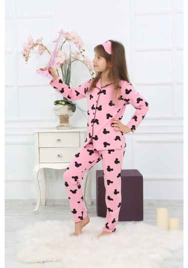 Kız Çocuk Pembe Renk Efsane Mickey Mouse Karakter Baskılı Desenli Pijama Alt Üst Takım Pembe