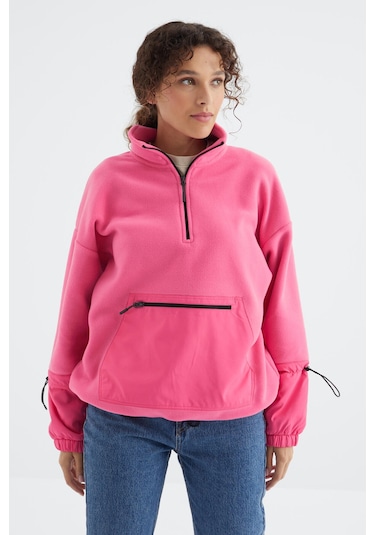 Tommy Life Şeker Pembe Etek Ucu Büzgülü Yarım Fermuarlı Oversize Kadın Polar Sweatshirt - 97238 Şeker Pembe
