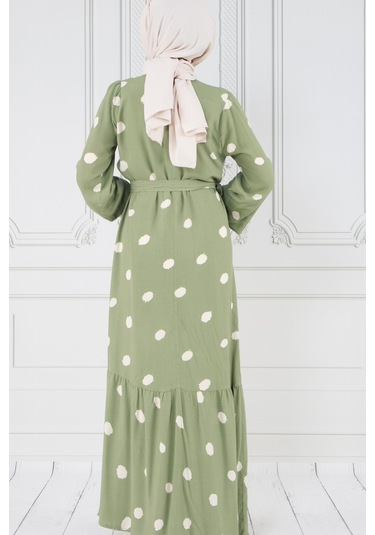 Puantiyeli Kuşaklı Tesettür Elbise-beyaz-3591-gül Kurusu Gül Kurusu