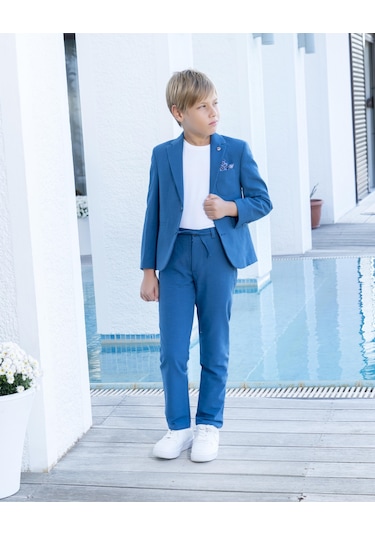 Erkek Çocuk İndigo Takım Elbise Keten Spor Takım Ceket Pantolon Tişort 3-14 Yaş İndigo