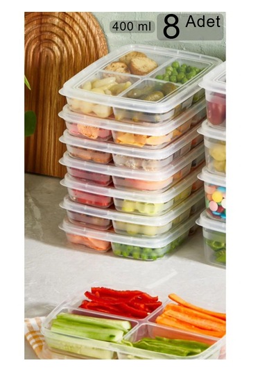 Krm Home 8 Adet Dondurulmuş Mini 4 Bölmeli 400 ML Et Sebze Saklama Kabı