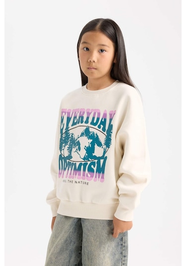 DeFacto Kız Çocuk Relax Fit Bisiklet Yaka Baskılı Sweatshirt D7055A824WNER99 Ekru