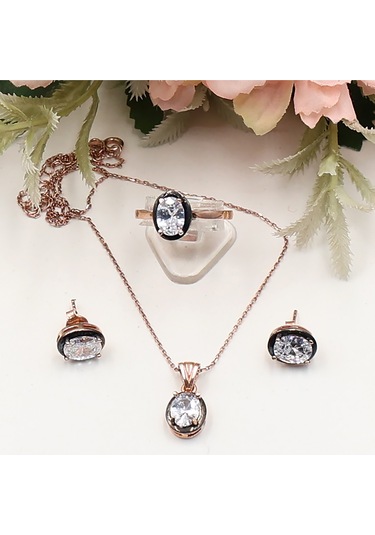 Rose Oval Zirkon Taşlı Tek Taş Set Rose Gold - Gümüş