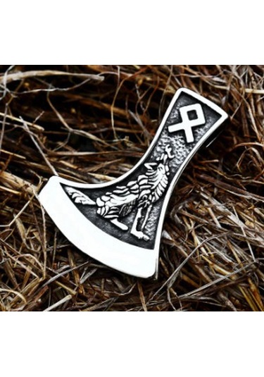 Çift Taraflı Kullanım Viking Kolye / Viking Kurt Balta Kolye Gümüş