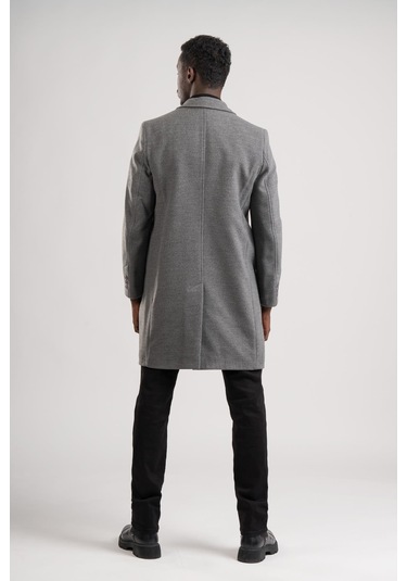 Yakalı Klasik Kesim Düğmeli Uzun Kaşe Erkek Kaban Gri