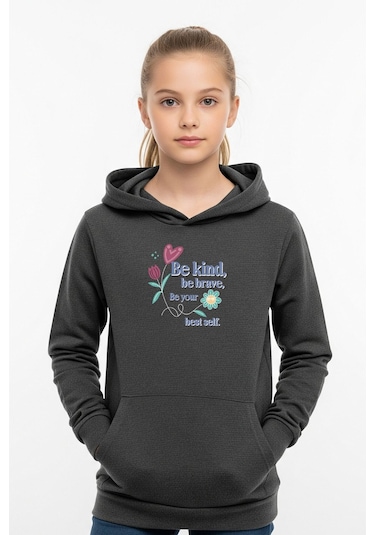 Kanguru Cepli Kapüşonlu Kız Çocuk Sweatshirt Be Kind Yazı Baskılı Füme