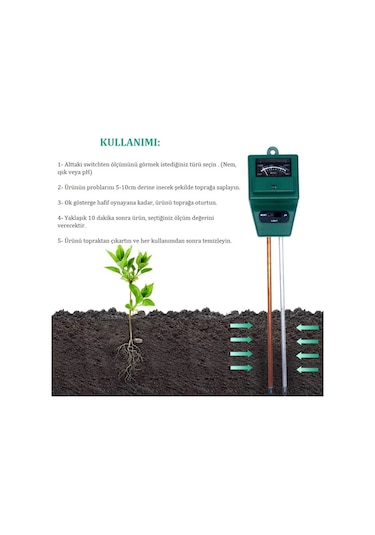 3 in 1 Toprak pH - Nem - Işık Ölçer Pilsiz Toprak Test Analizörü