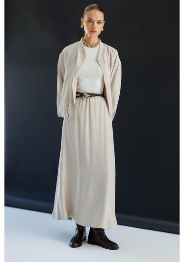 Mizalle Modal Karışımlı Taş Rengi Beli Lastikli Maksi Etek Taş