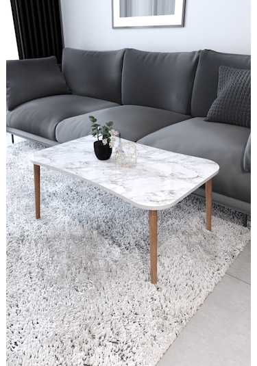 Esma Orta Sehpa Ve Zigon Sehpa 4'Lü Ahşap Ayaklı - Beyaz Mermer