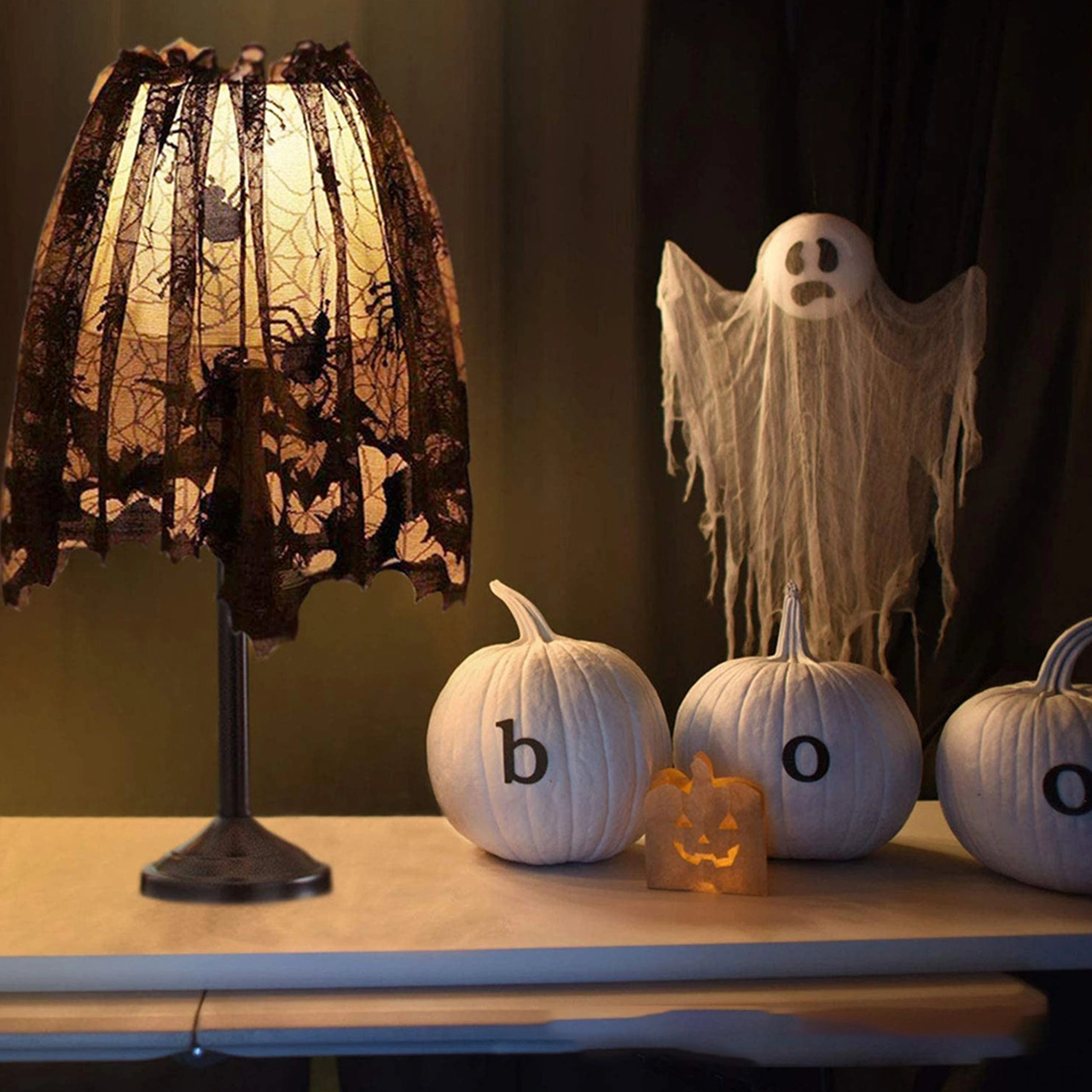 Hombey Halloween Ev Dekorasyon Seti: Örümcek Ağı Masa Örtüsü, Masa Runner, Fenerlik, Kamin Örtüsü Ve 36 Adet Yarasa Duvar Sticker'ı - Korkunç Parti Atmosferi İçin 5 Parça Tam Set Siyah