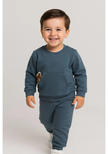 Erkek Çocuk Ayıcık Detaylı 2 Li Takım %100 Pamuk Füme