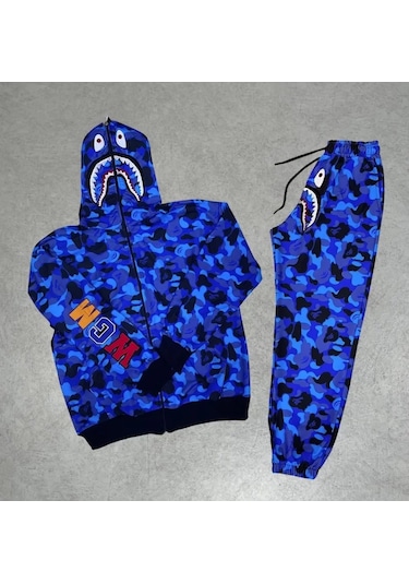 Tarzyeri Unisex Pubg Bape X Shark Eşofman Takımı - Mavi 001