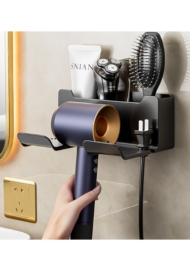 Lichen Saç Kurutma Makinesi Rafı, Punch Yok, Banyo Duvara Montaj Gri