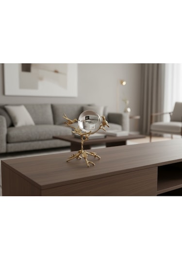 Elta Collection Gold Kuş Figürlü Şeffaf Kristal Küre Dekoratif Aksesuar 100 X 110