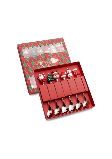 Sones 6 Adet / Paket Noel Karikatür Bebek Paslanmaz Çelik Sofra Takımı, Stil: D Gümüş Kaşık + Kırmızı Kutu