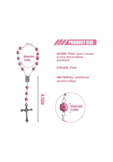 Vkemall Gül Desenli İpekbilezik, Inci Takı, Haç Tasarımı, Meçhul Dini Alet, Pembe Rengi Beyaz Taşlı Rose