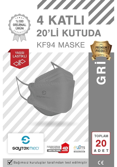 Kf94 Kore Tipi, 4 Katlı, Gri Maske, Uv Steril 1 Kutu/ 20 Adet