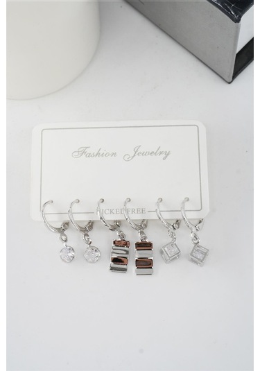 Kadın Zirkon Taşlı Sallantılı Kare Figürlü Klipsli 6'lı Küpe Seti Çok Renkli