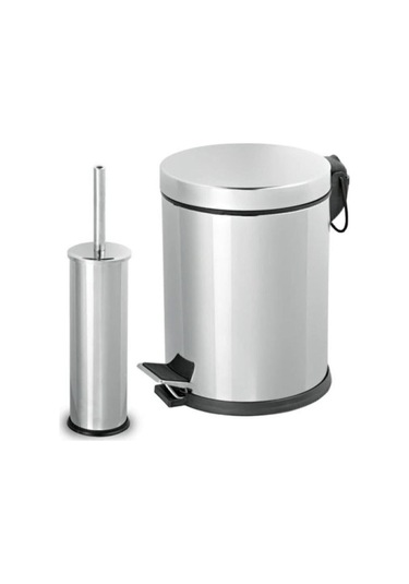 Paslanmaz Pedallı 8 Lt Çöp Kovası - Klozet Fırçası 2'li Banyo Seti Gri