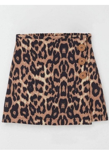 Kız Çocuk Leopar Desenli Şort Etek-15496 Kahverengi