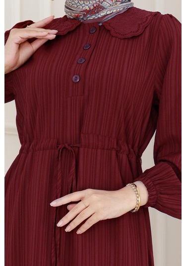 Yakası Güpür Nova Elbise-bordo-5027 Bordo