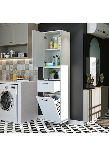 Çamaşır Sepetli Banyo Dolabı, Çok Amaçlı Çekmeceli Dolap 45 X 200 Mat Beyaz Çamaşır Sepetli Banyo Dolabı, Çok Amaçlı Çekmeceli Dolap 45 X 200 Mat Beyaz