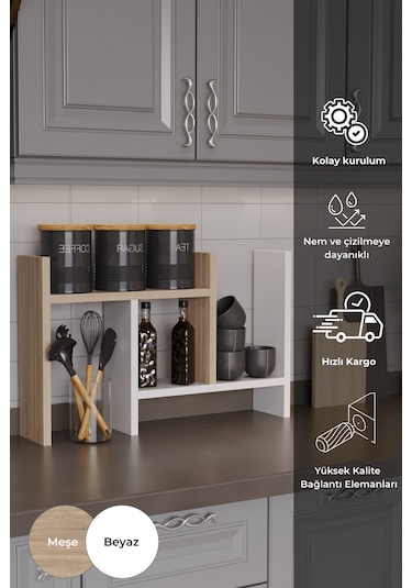 Lidya Çok Amaçlı Raf Mutfak Tezgah Üstü Organizer Banyo Mutfak Düzenleyici Beyaz Meşe Beyaz - Meşe