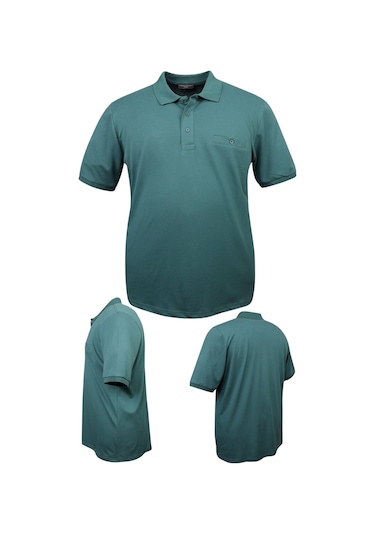 Erkek Büyük Beden 115 - 155 Kilo Arası Uygun Bedenli Likralı Pike Polo Yaka Cepli Tişört Yeşil