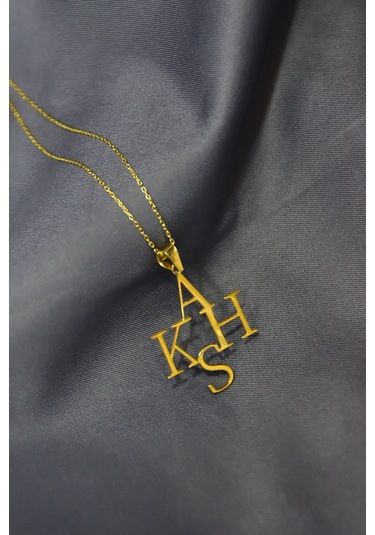 925 Ayar Gümüş Gold Kaplama Çoklu, Dört Harf Plaka Kolye