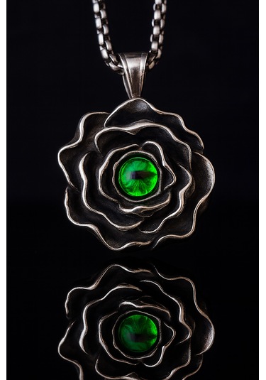 Yeşil Taşlı Paslanmaz Çelik Unisex Takı Antik Gümüş Gotik Gül Kolye Yeşil