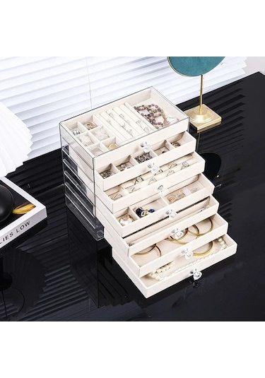 New Pet Transparent 7-layer Drawer Jewelry Storage Box For Earrings Necklaces Beige -7 Layers-c04 Bej