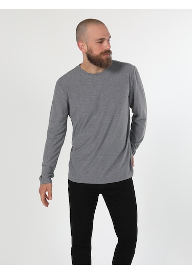 Colins Regular Fit Bisiklet Yaka Erkek Gri Melanj Uzun Kol Tişört 001