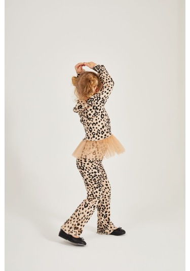 Kız Çocuk Leopar Desenli 2 Li Takım Tütü Detaylı Üst & Pantolon Leopar