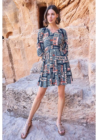 Monamise 23064 Kadın Etnik Desen Truvakar Kol V Yaka Elbise-lacivert Lacivert